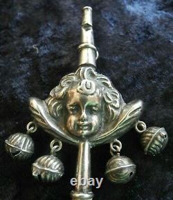 Antique French Sterling Silver / Bone Baby Rattle Wistle Bells Angels Face