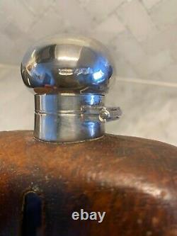 Antique James Dixon Sterling Silver Leather Hip Flask With Cup & Flip Top