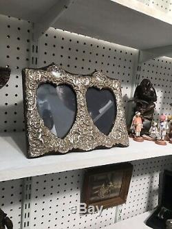 Antique London Solid Silver Double Picture Heart Photo Frame Cherubs And Flowers