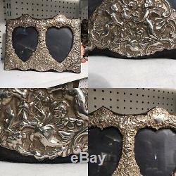 Antique London Solid Silver Double Picture Heart Photo Frame Cherubs And Flowers