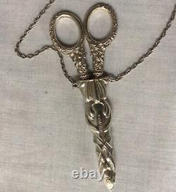 Antique Seamstress Chatelaine Solid Silver Handle Scissors & Pouch Holder C1892