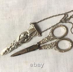 Antique Seamstress Chatelaine Solid Silver Handle Scissors & Pouch Holder C1892