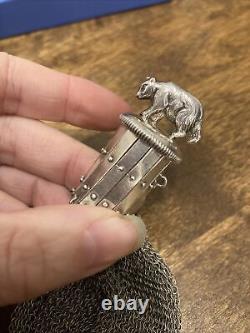 Antique Silver Gate Expandable Top Mesh Chatelaine Coin Purse With Pretty Bear