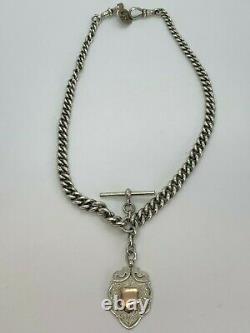Antique Silver double Heavy Albert chain with silver Fob with 9ct Gold Shield