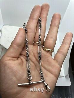 Antique Solid Silver Albert Pocket Watch Chain T Bar Dog Clip Sterling Twisted