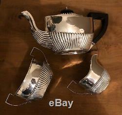 Antique Solid Silver Teapot Set x 3 Pieces Beatiful Fluted Design, England 1871