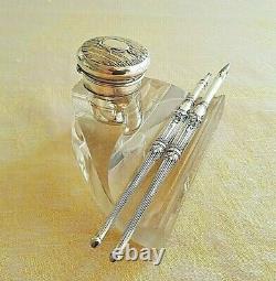 Antique St. Silver lid and crystal INKWELL DIP PEN and PEN 1910 German. Marks