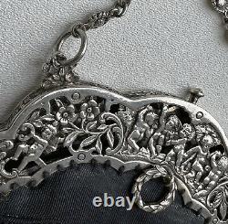 Antique Sterling Silver Cherub Frame Black Moire Evening Bag Purse c. 1900