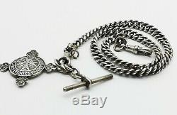 Antique Sterling Silver Double Albert Watch Chain & Large Fob Medal C. 1919