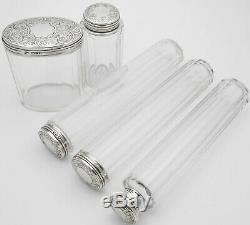 Antique Sterling Silver Topped Cut Glass Vanity Jars / Bottles Victorian