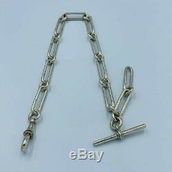 Antique Sterling Silver Trombone Link Single Albert Watch Chain & T-Bar #609