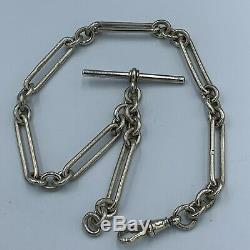 Antique Sterling Silver Trombone Link Single Albert Watch Chain & T-Bar #610