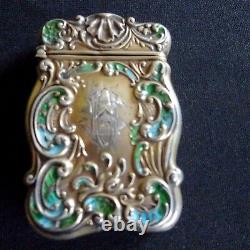 Antique Sterling Silver Vesta Gilt Enamel Blue Chatelaine Match Case Holder