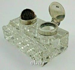 Antique Sterling Solid Silver & Cut Glass Inkwell with Pen Wipe (2074/9/XQVNN)