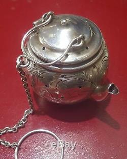 Antique Sterling Tea Strainer Miniature Tea Kettle with Victorian Floral Pattern