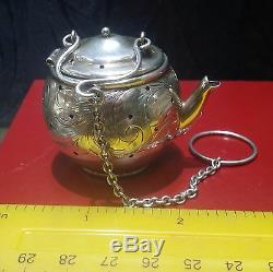 Antique Sterling Tea Strainer Miniature Tea Kettle with Victorian Floral Pattern
