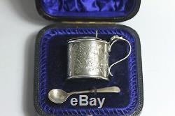 Antique Sterling silver cased mustard pot and spoon Victorian floral bright cut