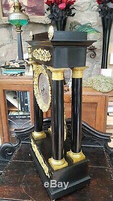 Antique-Superb Solid Silver Dial Portico Ornate Pendulum Mantle Clock-GWO-c1850