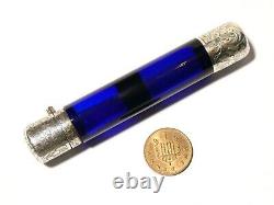 Antique TOP QUALITY Silver Mounted Blue Glass Double Ended Scent Bottle #T202B