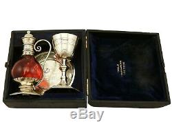 Antique Victorian 1870s Sterling Silver Gilt and Cranberry Glass Communion Set