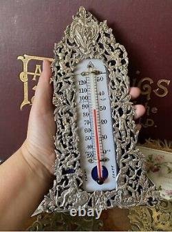 Antique Victorian 1891 english hallmarked sterling silver desk thermometer