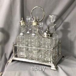 Antique Victorian 1892 Solid Sterling Silver & Cut Glass Six Bottle Cruet Set