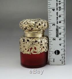 Antique Victorian 1893 Sterling Silver Ruby Red Glass Perfume/Cologne Bottle