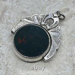 Antique Victorian 1899 Silver Agate Swivel Fob Horseshoe Equestrian Pendant 1.5