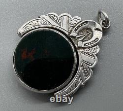 Antique Victorian 1899 Silver Agate Swivel Fob Horseshoe Equestrian Pendant 1.5