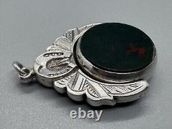 Antique Victorian 1899 Silver Agate Swivel Fob Horseshoe Equestrian Pendant 1.5