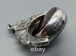 Antique Victorian 1899 Silver Agate Swivel Fob Horseshoe Equestrian Pendant 1.5