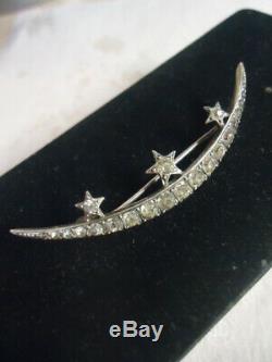 Antique Victorian 900 Silver Diamond Paste Crescent Moon Stars Brooch 5.7cm 2.2