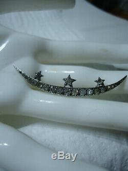 Antique Victorian 900 Silver Diamond Paste Crescent Moon Stars Brooch 5.7cm 2.2
