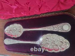 Antique Victorian Cased Pair Of Large Sterling Silver Berry Spoons (london 1898)