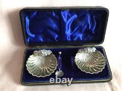 Antique Victorian Cased Solid Silver Shell Salt Dishes Birmingham 1898 & Spoon