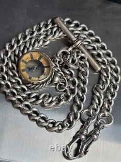 Antique Victorian Double Sterling Silver Pocket Watch Albert Chain w Compass Fob