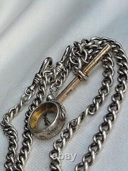 Antique Victorian Double Sterling Silver Pocket Watch Albert Chain w Compass Fob