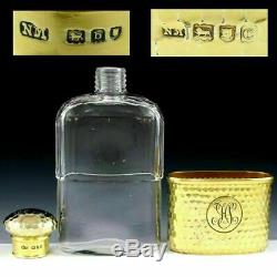 Antique Victorian English Gilded Sterling Silver Glass Liquor Whiskey Hip Flask