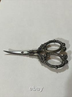 Antique Victorian German Made Sterling Silver Curved Floral Scissors Nice Patina