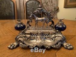 Antique Victorian German Solid Silver 900 Inkstand With Horse Figurine