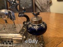 Antique Victorian Germany Sterling Silver 900 Inkstand With Horse Figurine