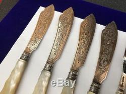 Antique Victorian Hm Solid Silver Mother Pearl Fish Knives Forks Engrave Cutlery