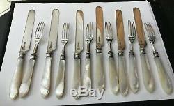 Antique Victorian Hm Solid Silver Mother Pearl Knives Forks Ivy Engraved Cutlery