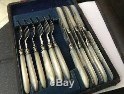 Antique Victorian Hm Solid Silver Mother Pearl Knives Forks Ivy Engraved Cutlery