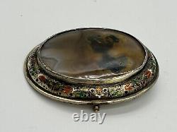 Antique Victorian Large Brooch Dendritic Agate Enamelled Solid Silver Hallmarked