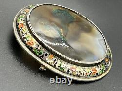 Antique Victorian Large Brooch Dendritic Agate Enamelled Solid Silver Hallmarked