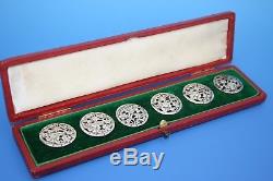 Antique Victorian Large Sterling Silver Set Of 6 Cased Buttons London 1899