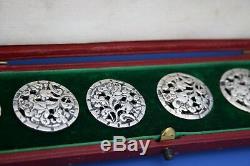 Antique Victorian Large Sterling Silver Set Of 6 Cased Buttons London 1899