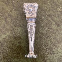 Antique Victorian Ornate Quality Silver Baby Rattle Green Man Fruit Leaves Crest