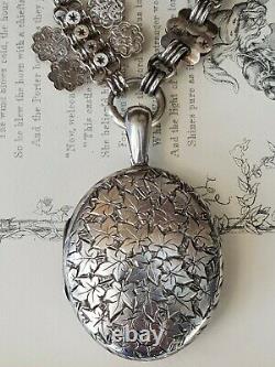 Antique-Victorian-Ornate Solid Silver Chunky Link Belcher Chain & Locket-c1900
